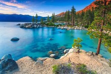 Landscape lake nature colorful trees mountains rocks Custom Gaming Mat Desk picture