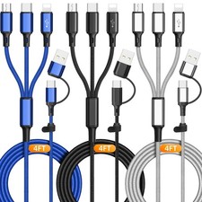 YaCeSyn 3Pack Multi 6 in 1 Fast Charging Cable 4FT/1.2M Black, Blue, Silver  picture