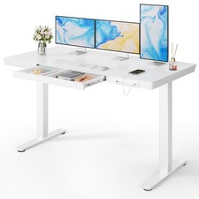 Electric Standing Desk 55 x 28 Inch Adjustable Height Glass White Marsail Drawer picture