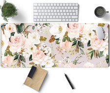 Pink Flowers Keyboard Pad PC Gaming Desk Mat Desk Mouse Pads Green Leaves Flo... picture