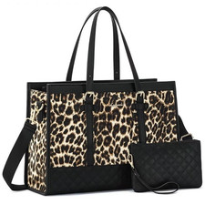Leopard Animal Print Faux Leather Tote, Padded 15in Laptop, Wristlet, Strap picture