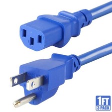 3x 1FT 18AWG Power Cord Cable NEMA 5-15P to IEC 60320 C13 10A PC Monitor Blue picture