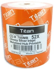 100-Pak =SEMI-GLOSSY= Titan 52X 80-Min Silver Inkjet Hub CD-R's, Titan T5881100 picture