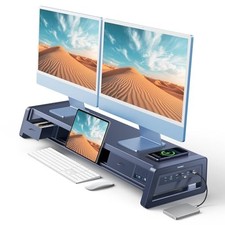  All-in-One Dual Monitor Stand Riser with 2 Drawers, 8USB Ports and Dark Blue picture