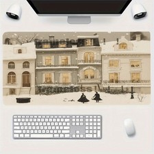 Exquisite Winter Landscape Mouse Pad | Vintage Style Snow Town House Illustrat picture