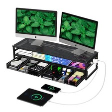2 Tier Metal Monitor Stand Riser with USB, Charging Port, Drawers, Black picture