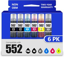 High Yield 6 Pack T552 552 Ink Bottles for Epson EcoTank ET-8550 ET-8500 picture
