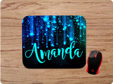 PERSONALIZED W/ NAME MOUSE PAD CUSTOM MADE - BLUE RAINING GALAXY STARS picture