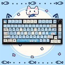 Cloudy Blue Kitties Keycap Set PBT 130 Keys Custom Keycaps for MX Keyboard picture